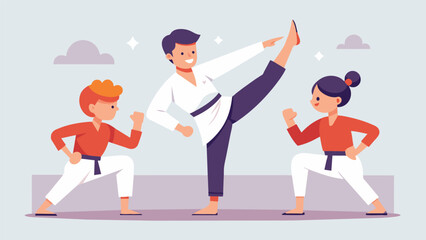 A sensei teaches their students the proper alignment and control necessary to exee powerful kicks with the help of yoga techniques. - obrazy, fototapety, plakaty