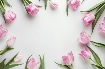 white background with pink tulips,  an elegant and minimalistic floral frame for mother's day text or image