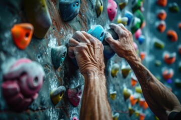 A man is climbing a wall with his hands on the rocks. The wall is covered in different colored rocks. Concept of adventure and physical challenge