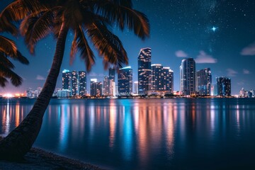 The beautiful Nighttime Miami skyline with stars twinkling. Ai generated