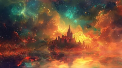 psychedelic palace surreal fantasy landscape with colorful smoky clouds and stars dreamy digital painting