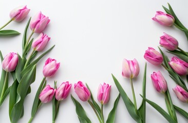 Obraz premium white background with pink tulips, an elegant and minimalistic floral frame for text or image