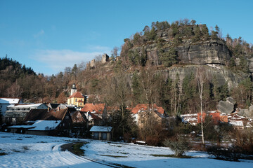 attraction Oybin spa with castle  in saxony Winter panorama
