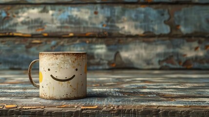 rustic charm smiling mug on weathered wooden table concept illustration