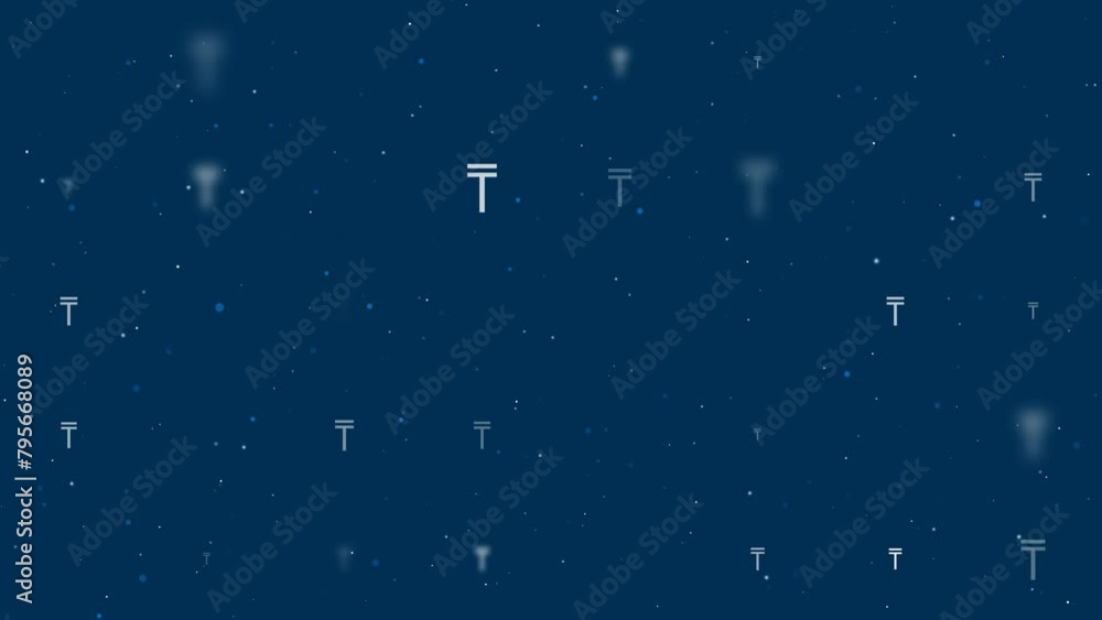 Poster template animation of evenly spaced tenge symbols of different sizes and opacity. animation of trans