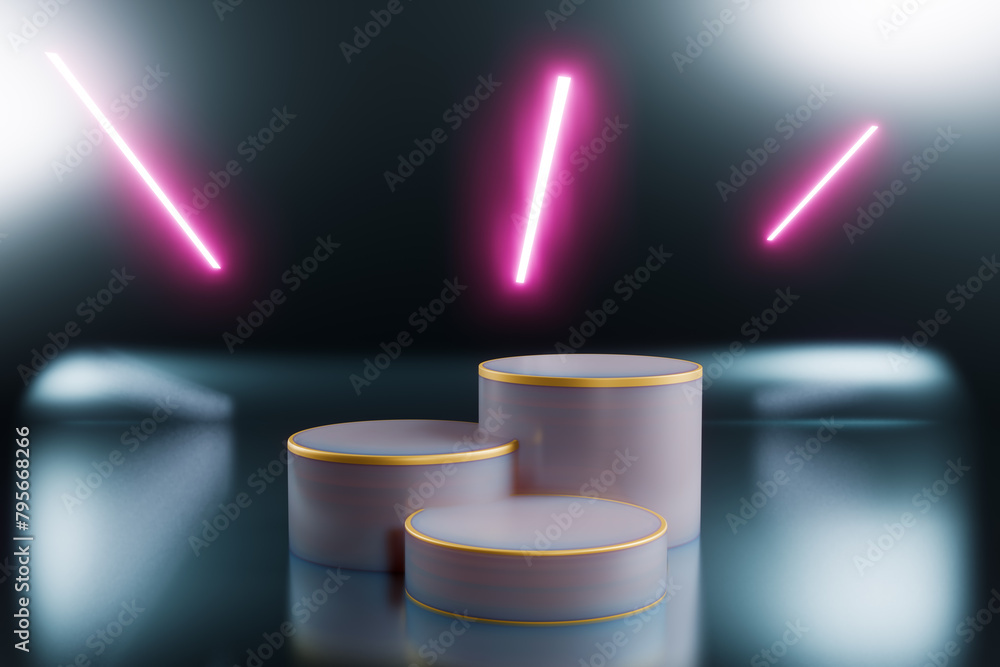 Poster three empty cylinder podiums with a border. glowing lines in the background.3d rendering.