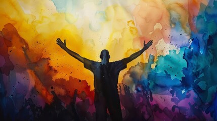 silhouette of a man worshipping with raised hands vibrant watercolor background spiritual concept illustration