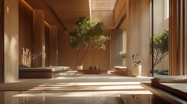 a serene digital scene where timber and clay architecture coexist, utilizing Vray to enhance the soft lighting and calming colors, creating a contemplativ