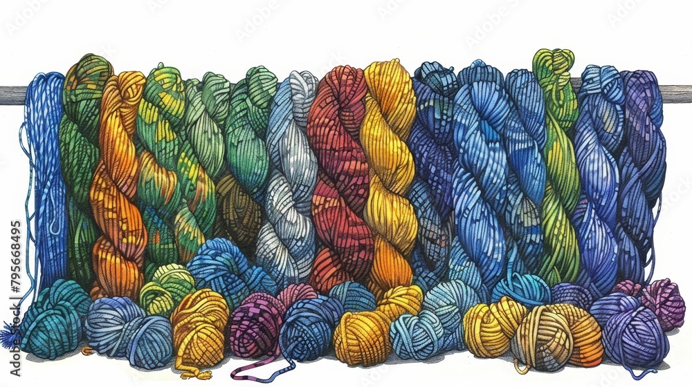Poster a row of multicolored yarn skeins sits next to each other on a white surface in front of this row, t