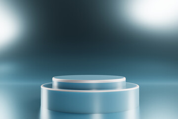 Empty podium cylinder with border and circle. Mockup space to showcase product design. 3D rendering.