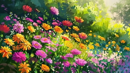 spring blooms vibrant floral garden illustration colorful digital painting