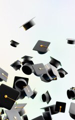 Fototapeta na wymiar Graduation caps are thrown. A lot of hats are flying up. 3D rendering