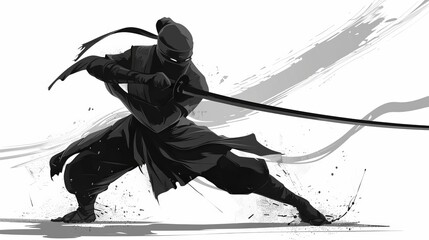 stylish modern ninja character in dynamic action pose cool 2d vector illustration sleek black and white graphic design