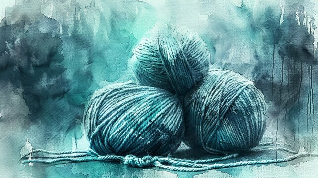   Two blue yarn balls atop a string against a watercolor backdrop of blue and green
