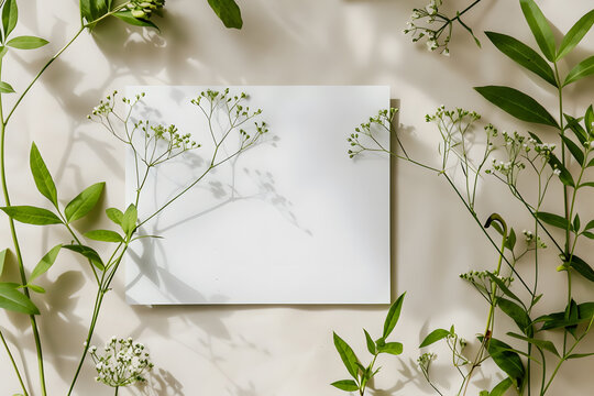 Stylish elegant flat lay olive green floristic greeting invitation post card with copy space mockup.