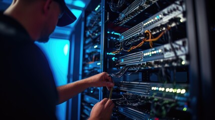 A man works on server in data center AIG41