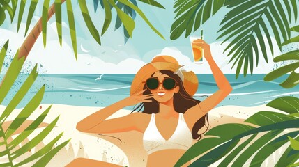 Woman with a drink relaxing under palm trees on the beach.