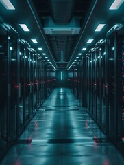 Obraz premium Secure data center tour, showcasing defenses against cyber threats, highsecurity facility, informational visit, day , cinematic