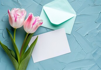 a blank white card and envelope with pink tulips on a blue background