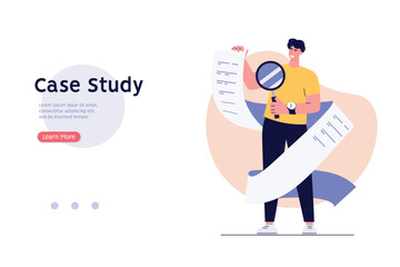 Man studying information, facts. Concept of case study, searching business information, analyze of product features. Vector illustration in flat design for web banner