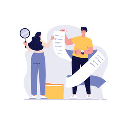 People studying information, facts. Concept of case study, searching business information, analyze of product features. Vector illustration in flat design for web banner