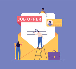 Concept of job offer, recruitment search, start career, vacancy. We’re hiring poster. Man employee with case receiving mail with job offer. Recruitment search. Vector illustration in flat design