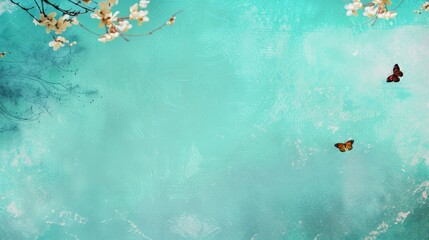   Two butterflies flutter above a tranquil body of water A solitary tree stands tall in the foreground, while a expansive blue sky stretches out behind them