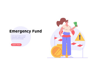 Woman save money in emergency fund, safety cushion. Concept of emergency fund, finance insurance, money reserve and compensation. Vector illustration in flat design for web banner