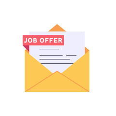Concept of job offer, recruitment search, start career, vacancy. We’re hiring poster. Icon sign with case receiving mail with job offer. Recruitment search. Vector illustration in flat design