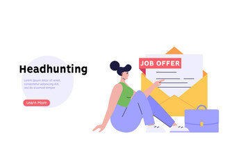 Concept of job offer, recruitment search, start career, vacancy. We’re hiring poster. Woman employee with case receiving mail with job offer. Recruitment search. Vector illustration in flat design