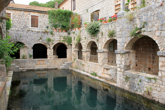 lovely ancient pond in the Fortress of Petar Hektorović, Stari Grad on the island Hvar, Croatia
