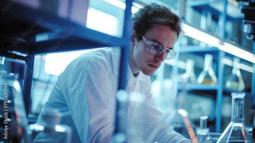Poster an engineer is conducting experiments in a science lab, wearing a lab coat. aig41