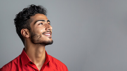 Obraz premium Side view candid of arabian businessman in red shirt smiling isolated on gray