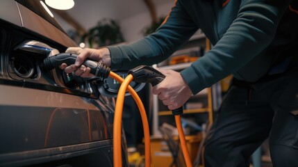 A technician connects an electric vehicle to a home charging station, illustrating the integration of renewable energy in daily life. AIG41