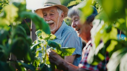 Cheerful elderly man and woman gardening together. Enjoying retirement and outdoor leisure activity concept