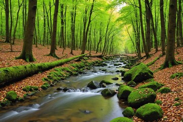 Narrow river flowing between green trees covered by fallen leaves in forest during daytime - Powered by Adobe