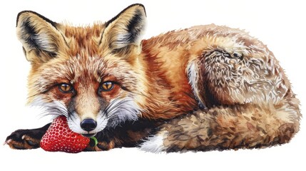 Fototapeta premium A painting of a fox holding a strawberry in its mouth, with open eyes and one paw touching the ground