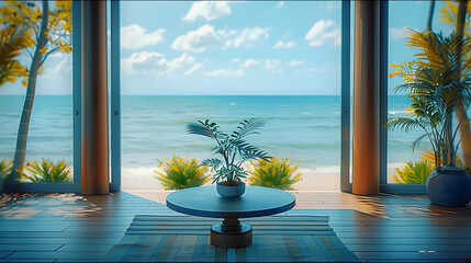 A room featuring an ocean view, with a centrally placed table topped by a potted plant
