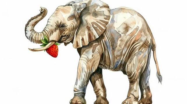   An elephant illustration with a strawberry in its trunk and a fruit piece in its mouth