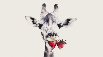   A close-up of a giraffe with a straw in its mouth, holding a strawberry