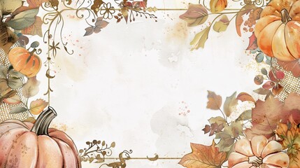 Watercolor autumn flowers, leaves and pumpkins in pastel colors bordering around a gold filigree frame decoration
