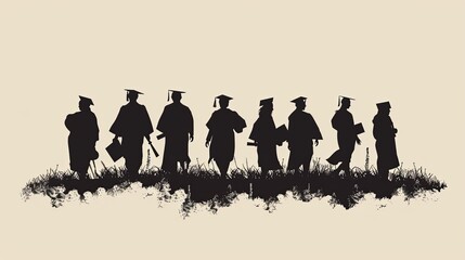 Graduates silhouettes walking on grass silhouette against a light beige background. Graduation ceremony concept