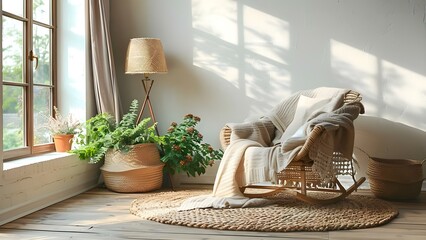Cozy vintage living room with wicker rocking chair blanket lamp and plants. Concept Vintage Living Room Decor, Wicker Rocking Chair, Cozy Blanket, Vintage Lamp, Indoor Plants