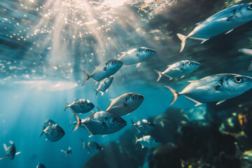 World Oceans Day. A school of fish gracefully glides through the azure underwater world. Generative AI
