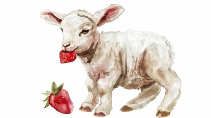   A watercolor painting of a baby sheep holding a straw in its mouth and a strawberry nearby