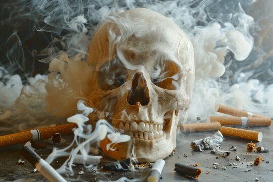 A skull is surrounded by cigarette butts and smoke. The skull is surrounded by a cloud of smoke, which is a symbol of death and decay. Concept of danger and the consequences of smoking