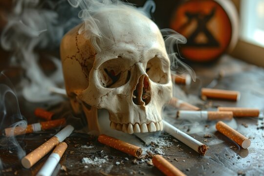 A skull is on a table with a pile of cigarettes. Scene is dark and ominous, with the skull and cigarettes suggesting a sense of death and decay