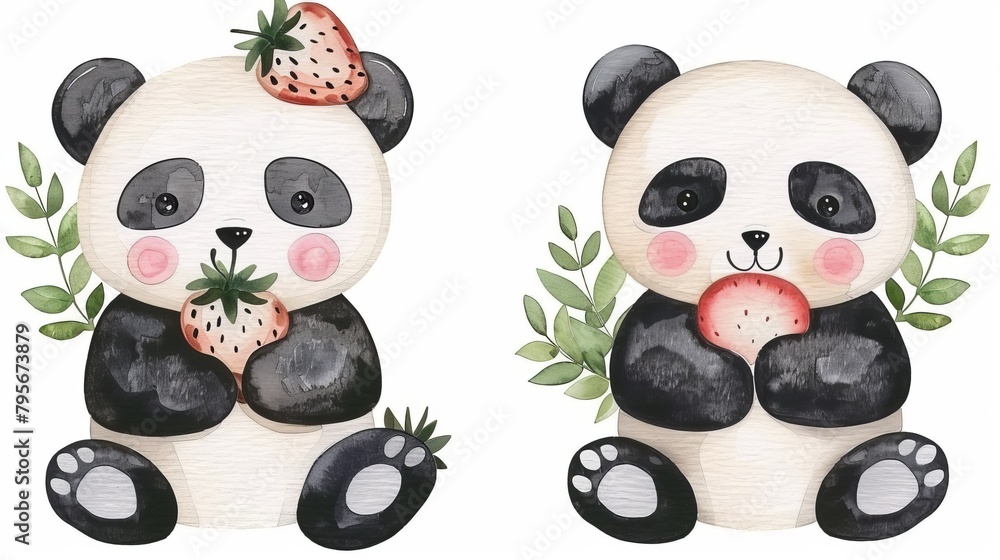 Poster two pandas seated side by side, strawberries on their chests; one bears fruit in its paw