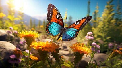 Craft a digital artwork portraying a close-up perspective of a delicate butterfly landing on a wildflower, symbolizing the fragility and strength found in nature Merge the worlds of survival stories a