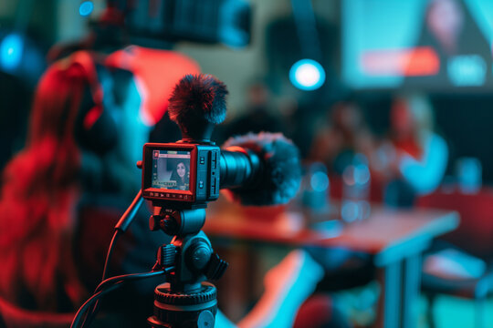 Social Media Day. Musician records fun video with digital camera lens for entertainment. Generative AI